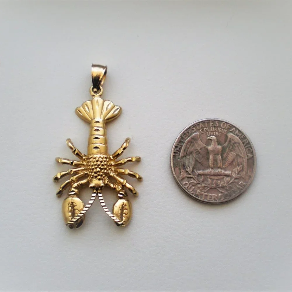Vintage Large Solid 14K Yellow Gold 2D Lobster Pendant